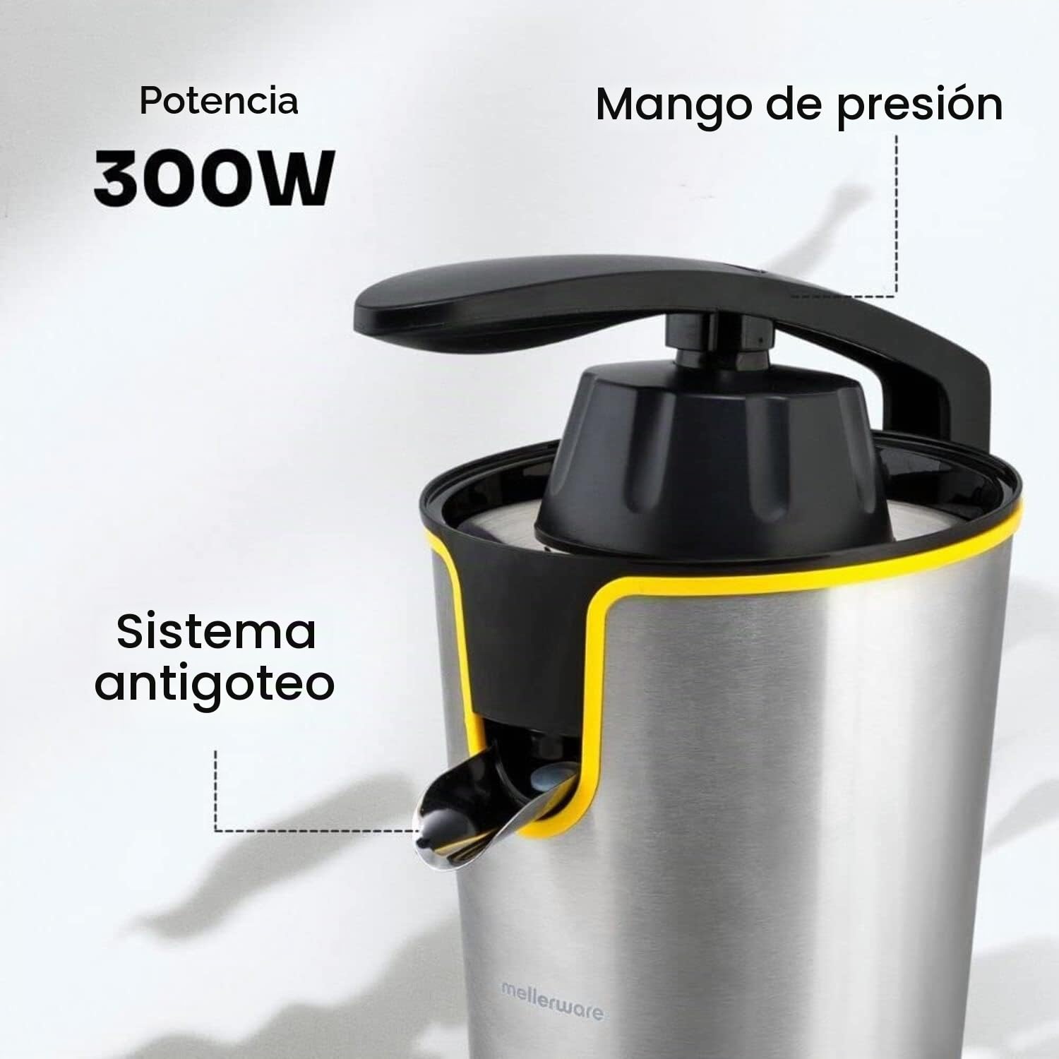 Mellerware - Exprimidor Eléctrico Profesional Juicy! 300W | Vertido Continuo | Sistema Antigoteo | 2 Filtros | 2 Conos intercambiables | Motor AC | Apto Lavavajillas | Zumos de naranjas | Amarillo