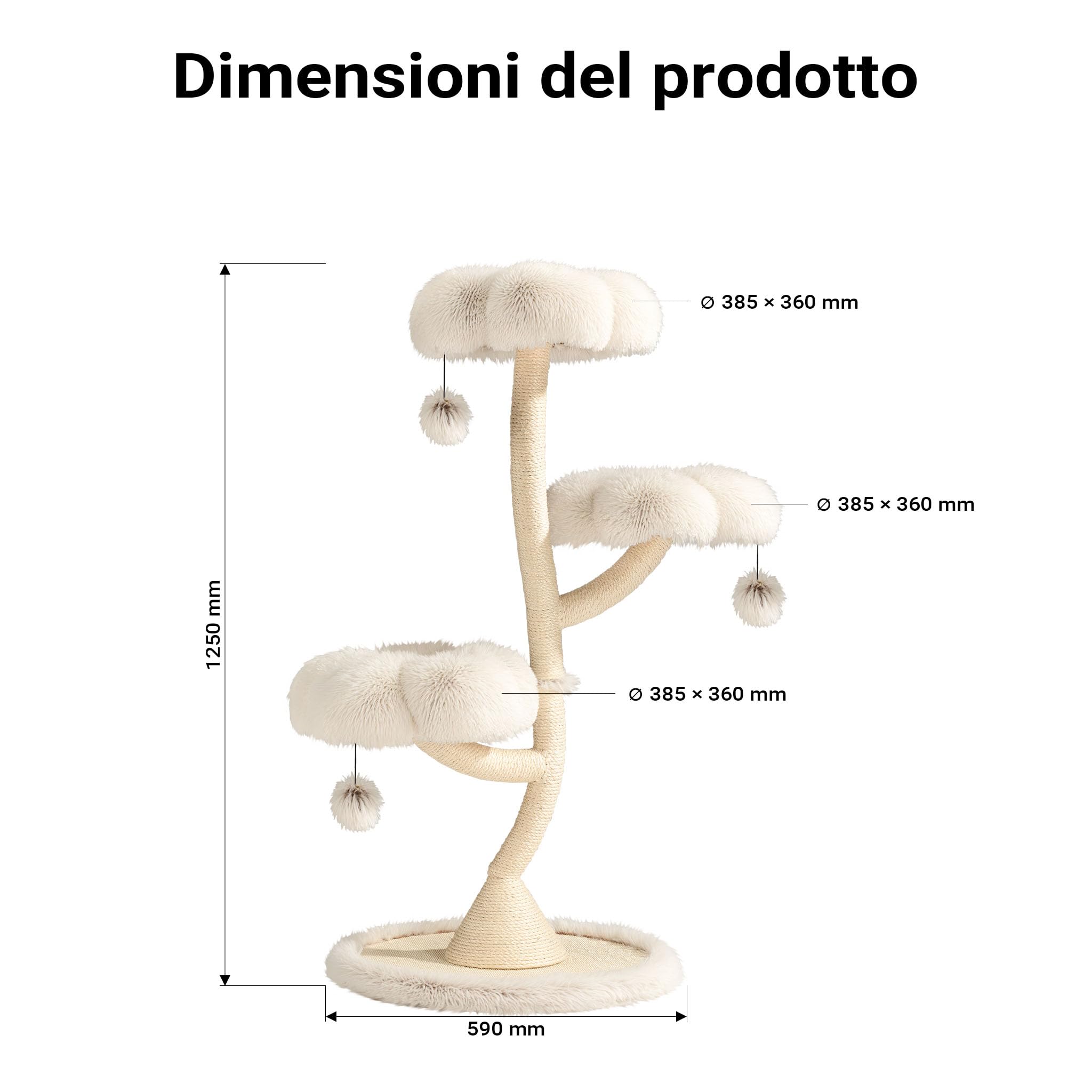 Fudajo Albero tiragraffi per gatti di design con 3 piattaforme, Ø 59 cm, altezza 125 cm, portata max. 15 kg, beige con sisal e peluche, colonna con 3 livelli