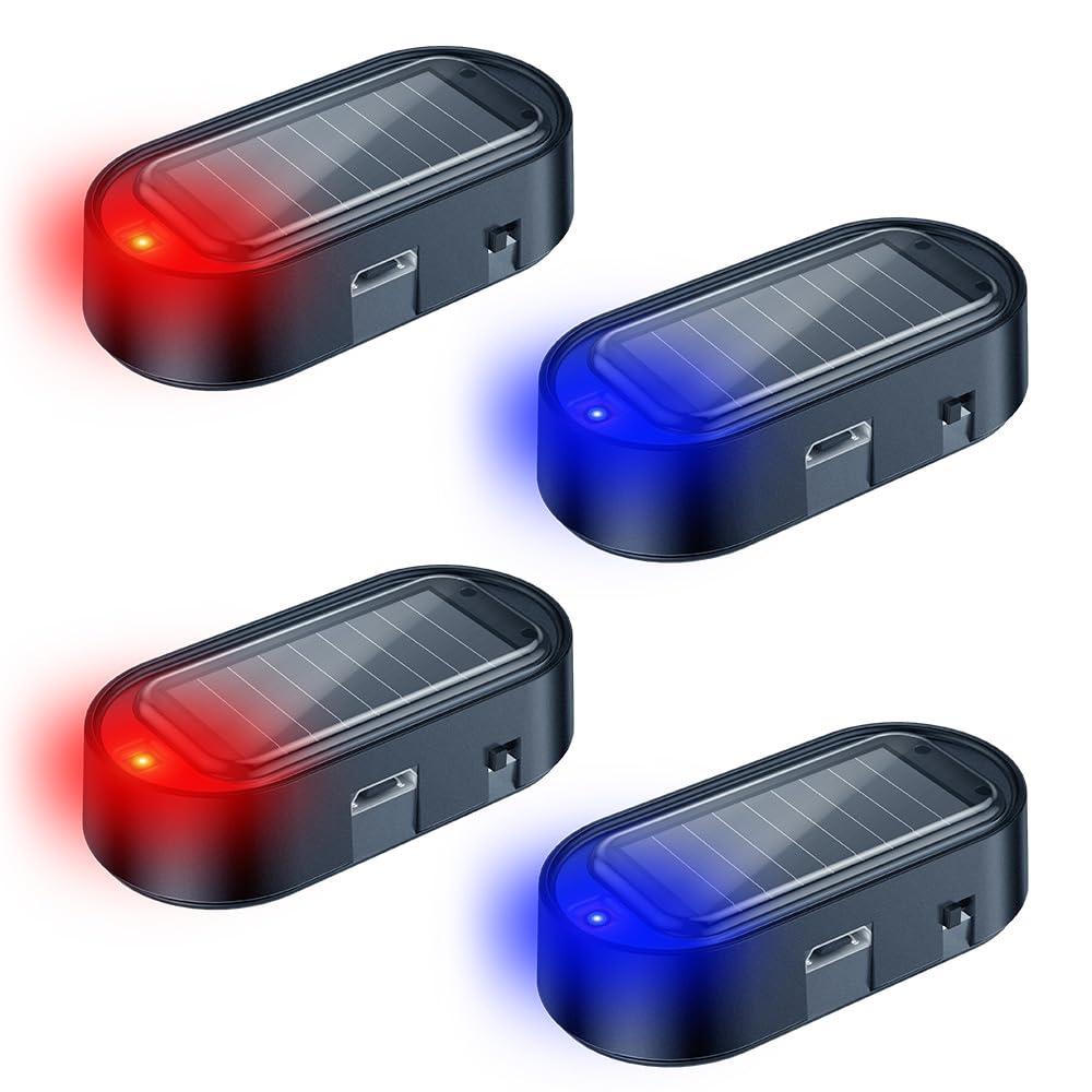ELECTOP 4PCS Solar Powered Dummy Car Alarm Lights LED Anti-Theft Flashing Security Warning Lights with USB Charging Port, Fake Car Alarm System Universal for SUV, RV, Truck Safety (2 Red &amp; 2 Blue)