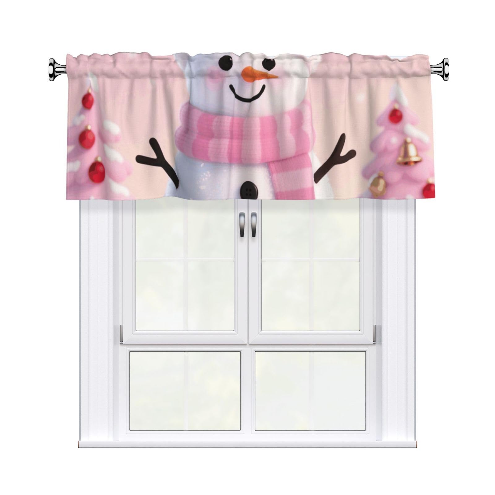 FekiLoot Pink Cute Snowman Curtain Valance for Windows, Kitchen Window Valances Rod Pocket Window Treatments Short Curtains Drapes for Bathroom Bedroom Cafe Decor 54x18inch 1 Panel