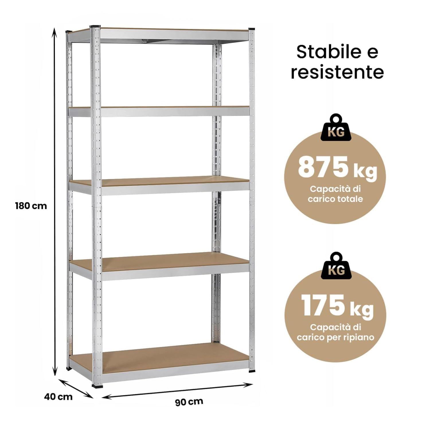 Brigros - Scaffale Metallo Garage 180x90x40cm Ad Alta Portata 875kg, 5 Ripiani Mdf, Scaffale Salvaspazio Ideale Per Garage, Officina, Cantina, Magazzino, Design Modulare (Doppio, Galvanizzato)