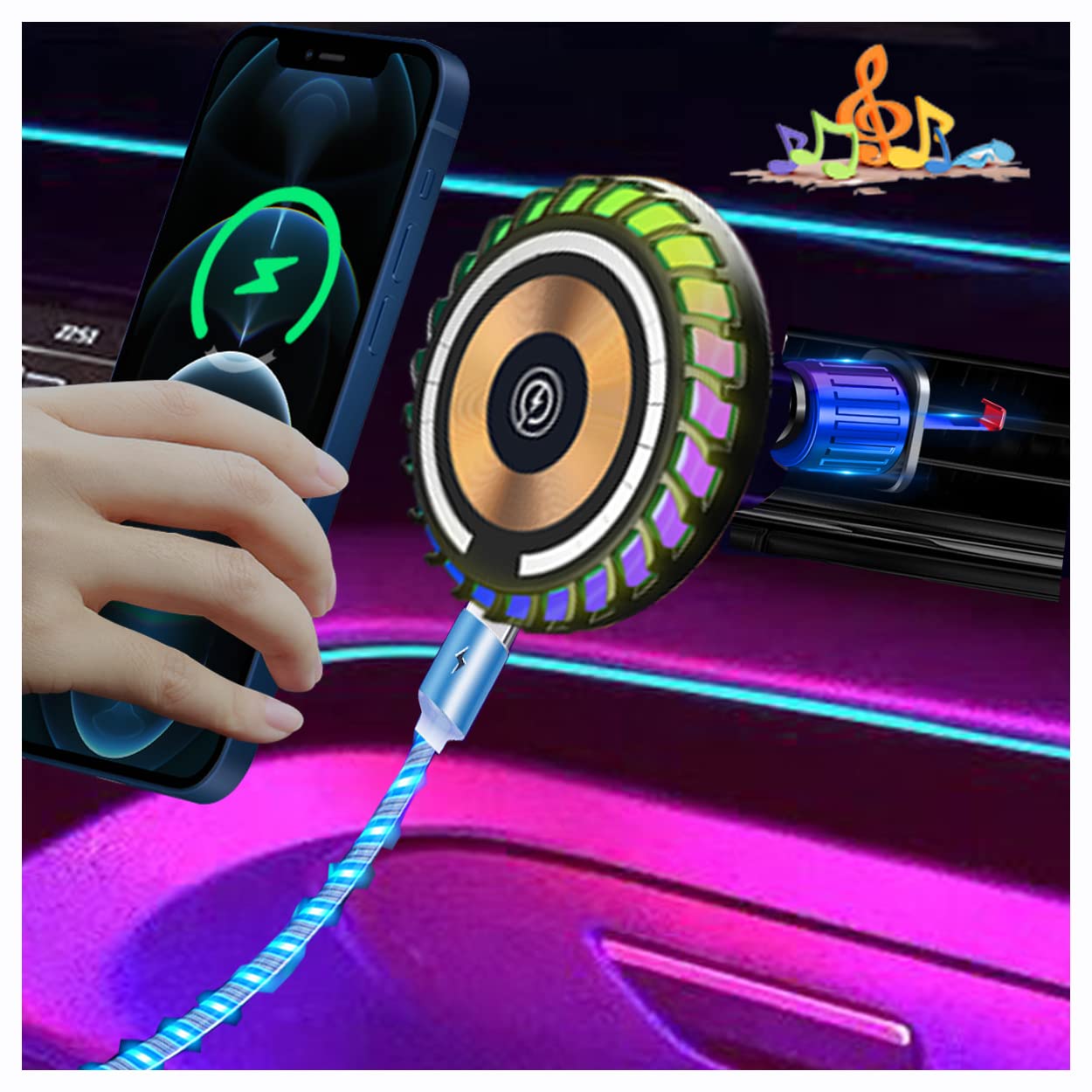 PeanutechMagnetic Wireless Car Charger, for Magsafe Car Mount Charger with Rhythm Light Fast Charging Phone Holder for iPhone 14 13 12 Pro Max Plus Mini Series for Samsung etc.