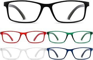 5-Pack Blue Light Blocking Reading Glasses, Square Plastic Readers | High Definition Scratch-Resistant Lenses, Durable Spring Hinges, Lightweight, For Daily Office and Outdoor Use, For Women Men