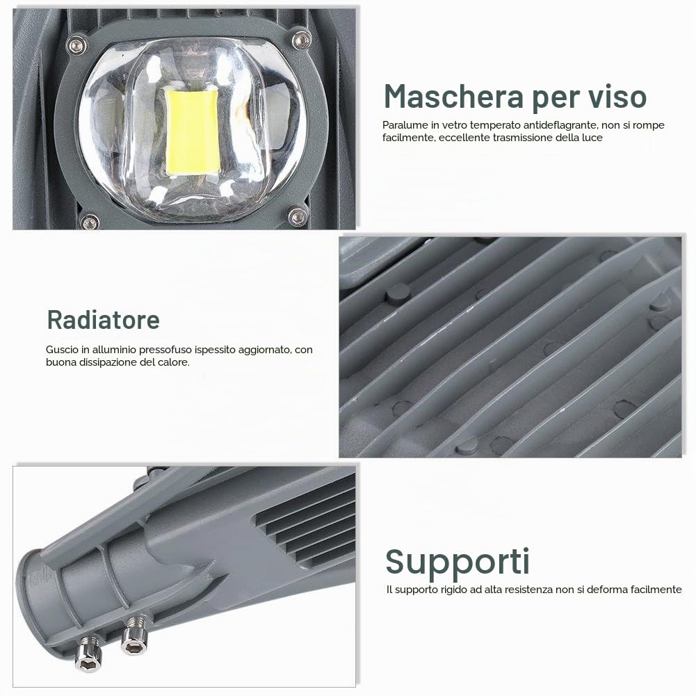 Lampione Stradale a LED Impermeabile Esterna Fredda/Calda Bianca, Tempo di Servizio Lungo (Fino a 50000 Ore) per Cantiere, Cortile, Strada di Campagna, Strada, Piazza(Bianco Freddo 50w)