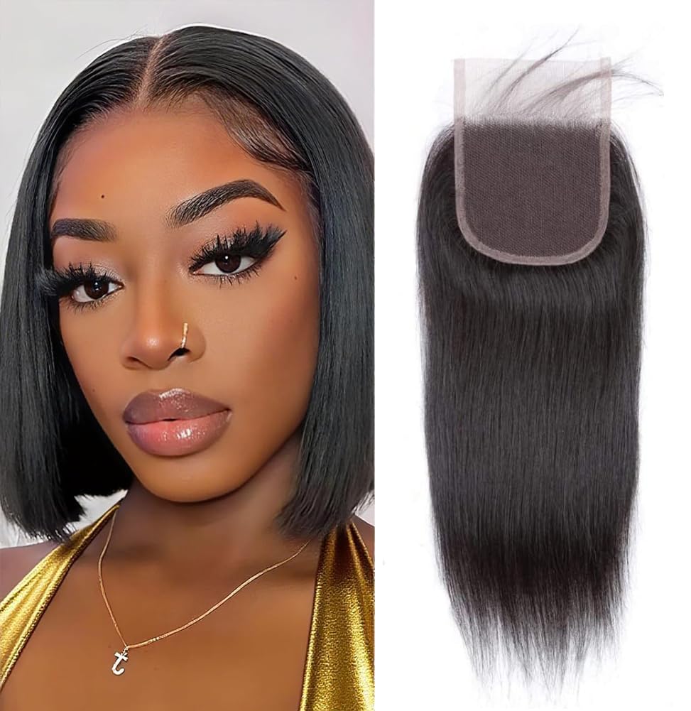 Selina Hair Straight 4x4 Lace Closure Human Hair Brazilian Virgin Hair Free Part Preplucked Baby Hair with Natural Hairline Natural Black Color 8 Inch
