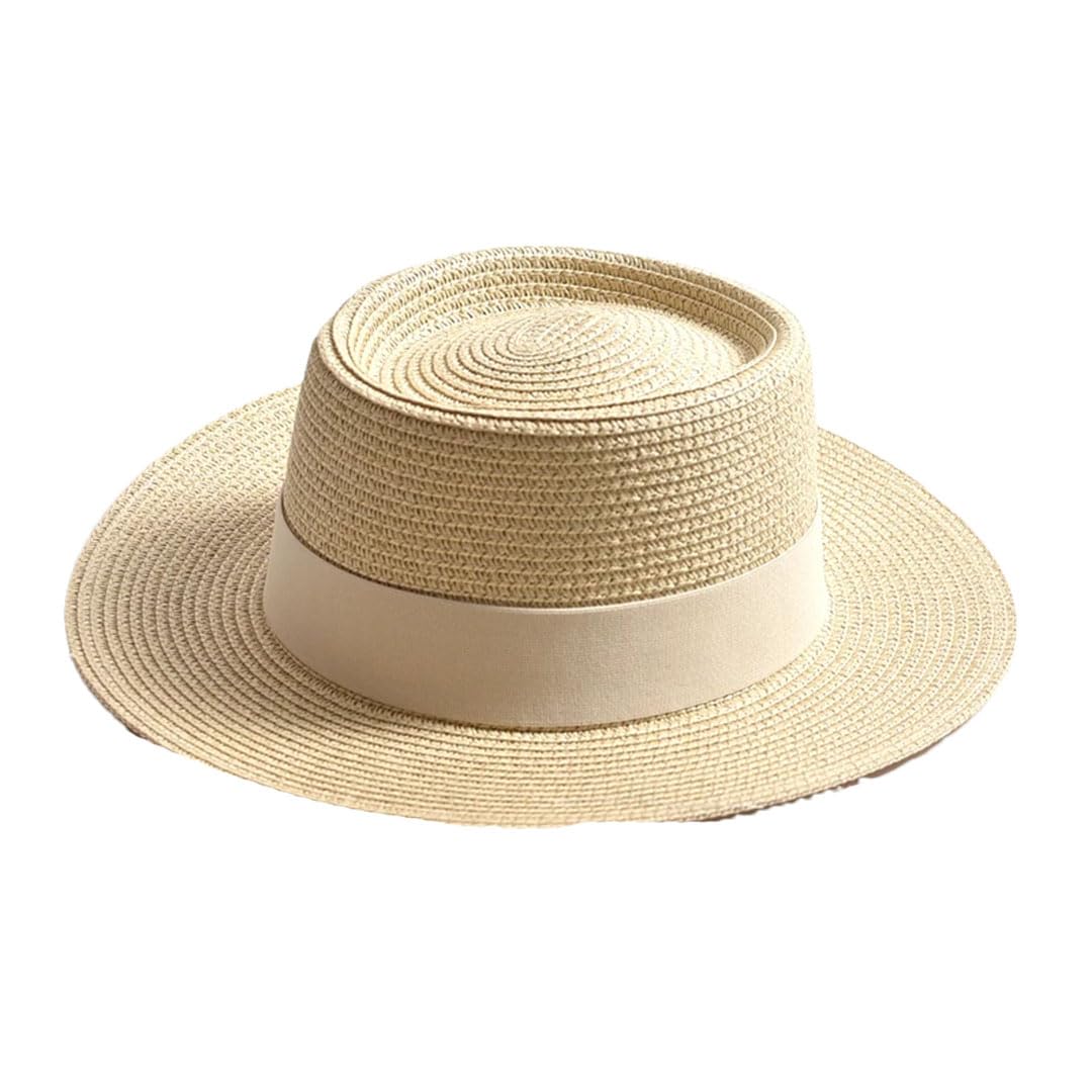 EYRMQWJPC Wide Brim Sun Hat, Women Summer Straw Sun Hat Flat Brim Ribbon Beach Travel Dress Multicolor(Beige)