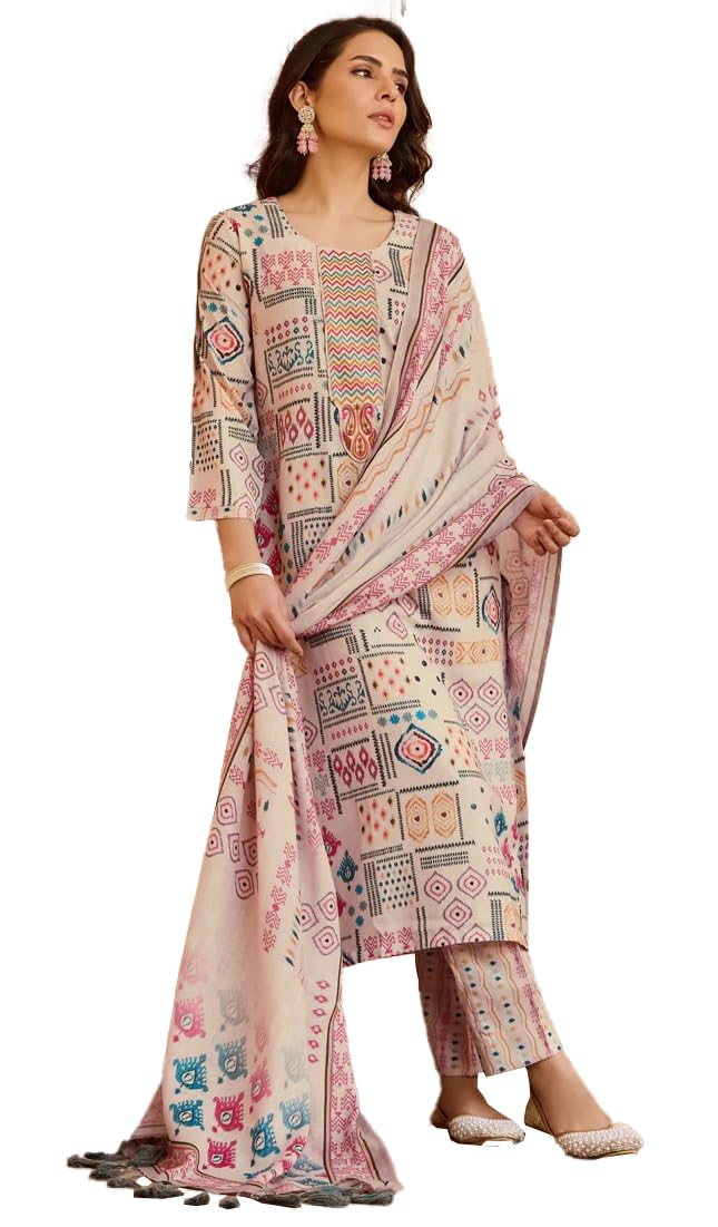 Fashion Basket Cotton Printed Kurta Set For Women Beige