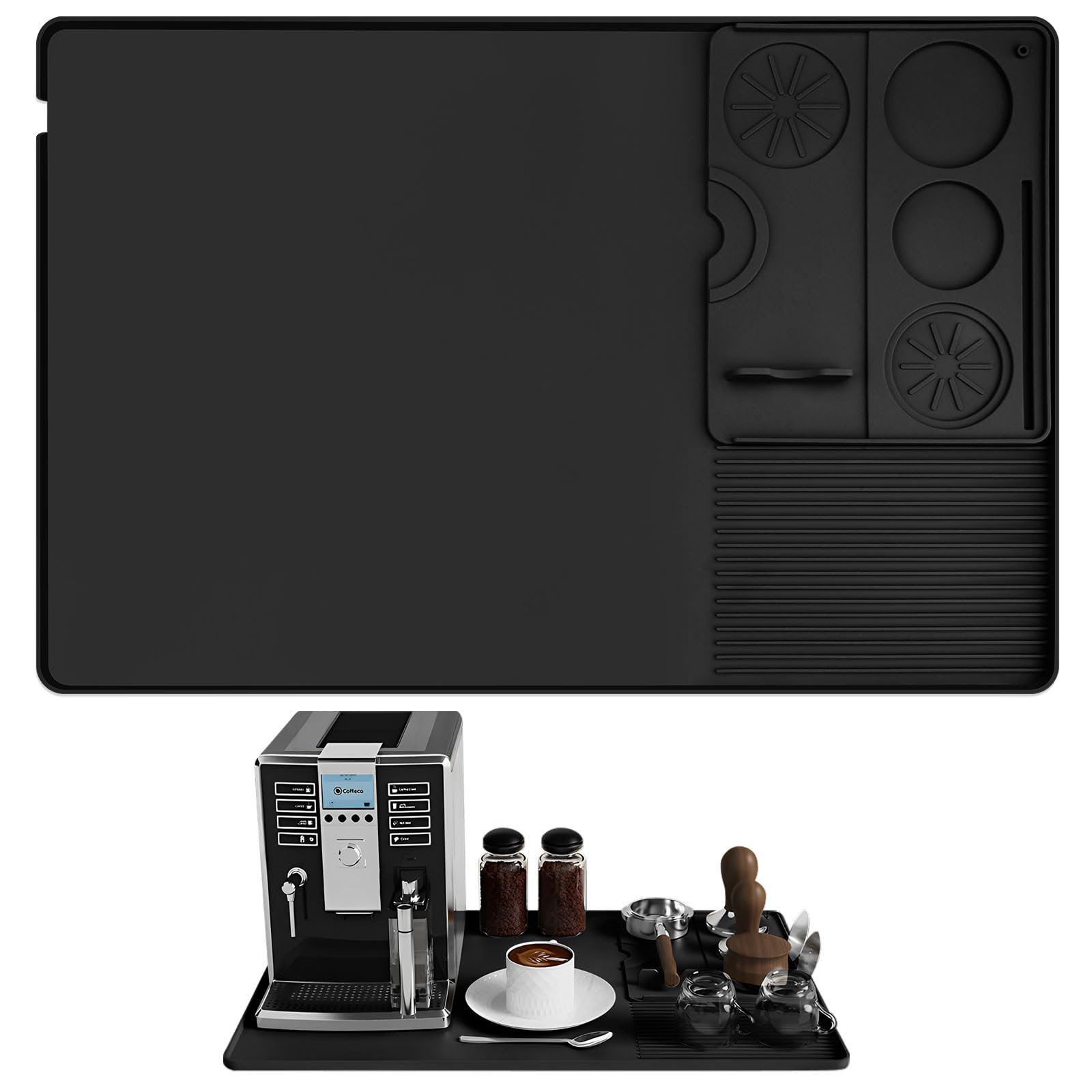 Diakey Black Silicone Coffee Mat With Detachable Tamping Mat, 23.6''X15.8'', Spill Proof Drying Matt Kitchen Counter Bar Accessories Fits Under Coffee Maker Or Espresso Machine,