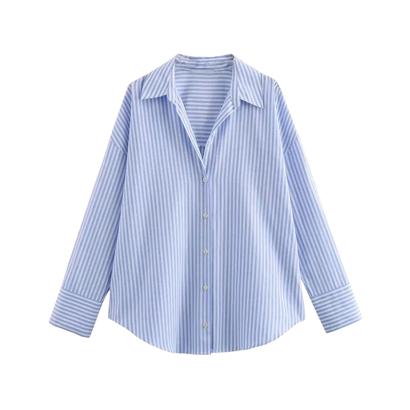 Camicie da donna con bottoni da donna, ampie, casual, a maniche lunghe, da ufficio, a righe