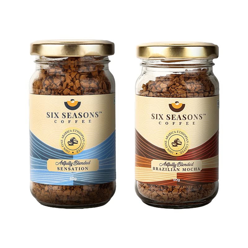 SIX SEASONS Instant Coffee Combo of Sensation & Brazilian Mocha Flavour Freeze Dried, No Added Sugar, 100% Arabica Roast Strong Hot/Cold Coffee, Gluten Free - Pack of 2 (50gm each) (B0BS1DJFCK) Amazon Price History, Amazon Price Tracker