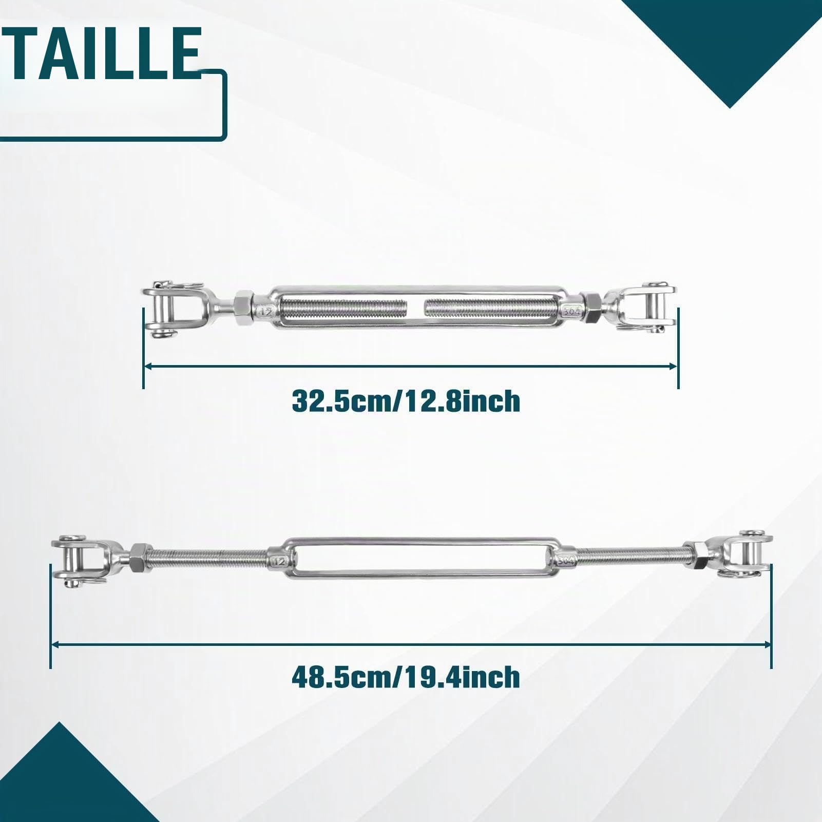 LEONTOOL 2 pcs M12 1/2 "Boucle de rotation Tendeur Mâchoire et tendeur de mâchoire Kit de porte anti-affaissement en acier inoxydable pour fil de câble, voile d’ombrage et tyrolienne de cour