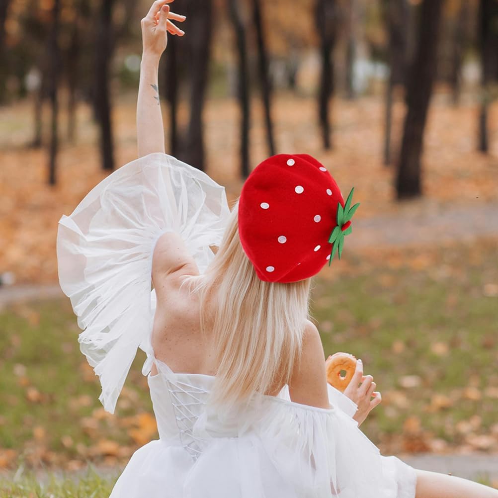 Strawberry Beret Hat for Women French Style Wool Blend Cute Cosplay Party Decorative Artist Painter Cap 9.84 Inch Diameter - Image 3