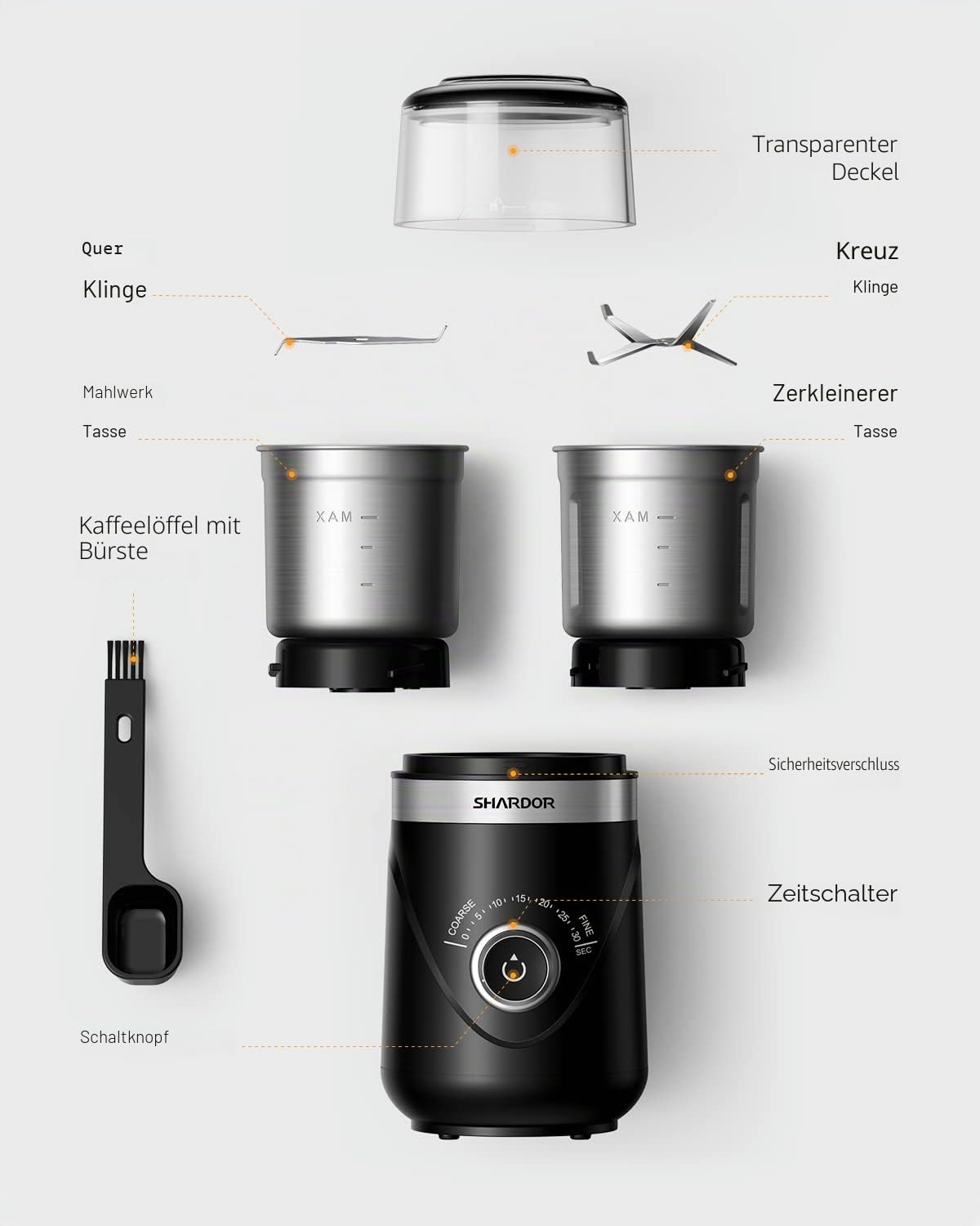 SHARDOR KaffeemüHle Elektrisch Mit 2 Edelstahltassen GewüRzmühle, Automatischer Timer, Coffee Grinder Für Kaffeebohnen, GewüRzen, Getreide, NüSsen Verwendet Werden, 2 * 80 G
