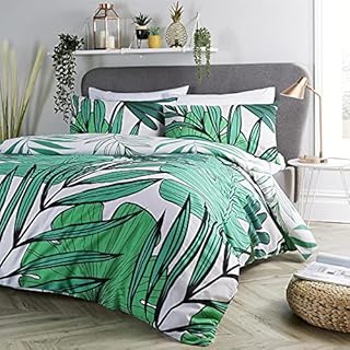 Olivia Rocco Tropical Leaf Duvet Cover Set Modern Print Cotton Rich Quilt Covers Reversible Easy Care Bedding Bed Linen Sets, Single Navy
