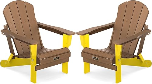 SERWALL Adirondack - Juego de 2 sillas plegables para patio, jardín, exteriores, hoguera, color marrón y amarillo