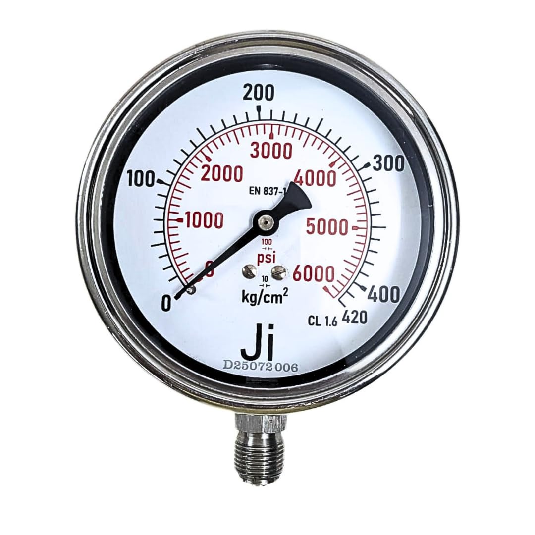 "Ji" Japsin Instrumentation Economical Pressure Gauge, 4" (100 mm) Dial, Range 0 to 420 Kg/Cm2 with Dual Scale of 6000 PSI, Direct Mounting Bottom Entry, 3/8" BSP (M) Connection, SS Body-image-3