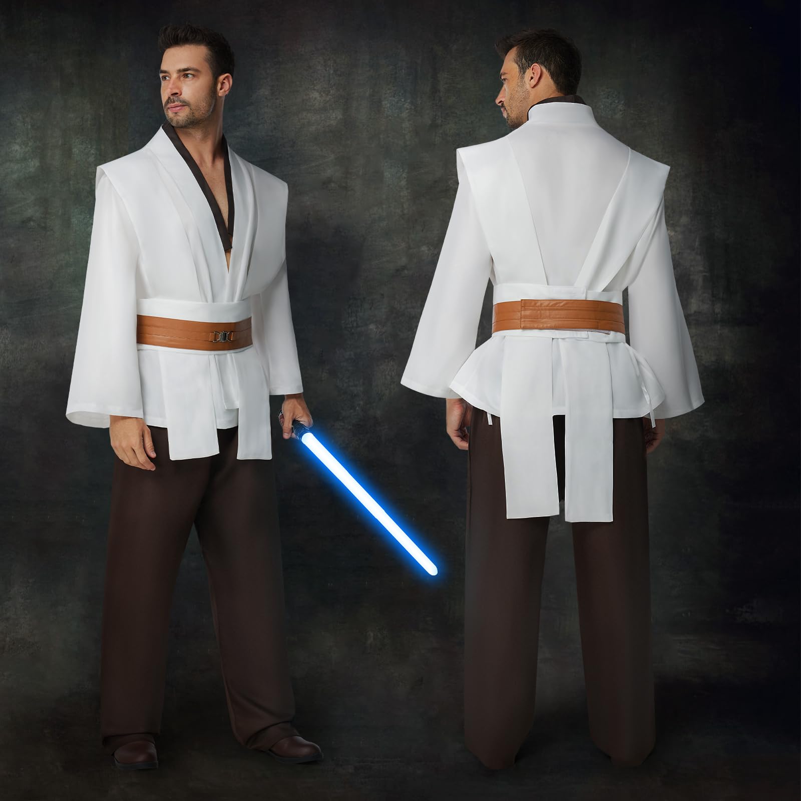 IEEILULU Kostium Jedi dla mężczyzn, średniowieczna sukienka Jedi dla mężczyzn, kostium Jedi z kapturem z niebieskim mieczem laserowym, średniowieczna peleryna i tunika, na Halloween, karnawał