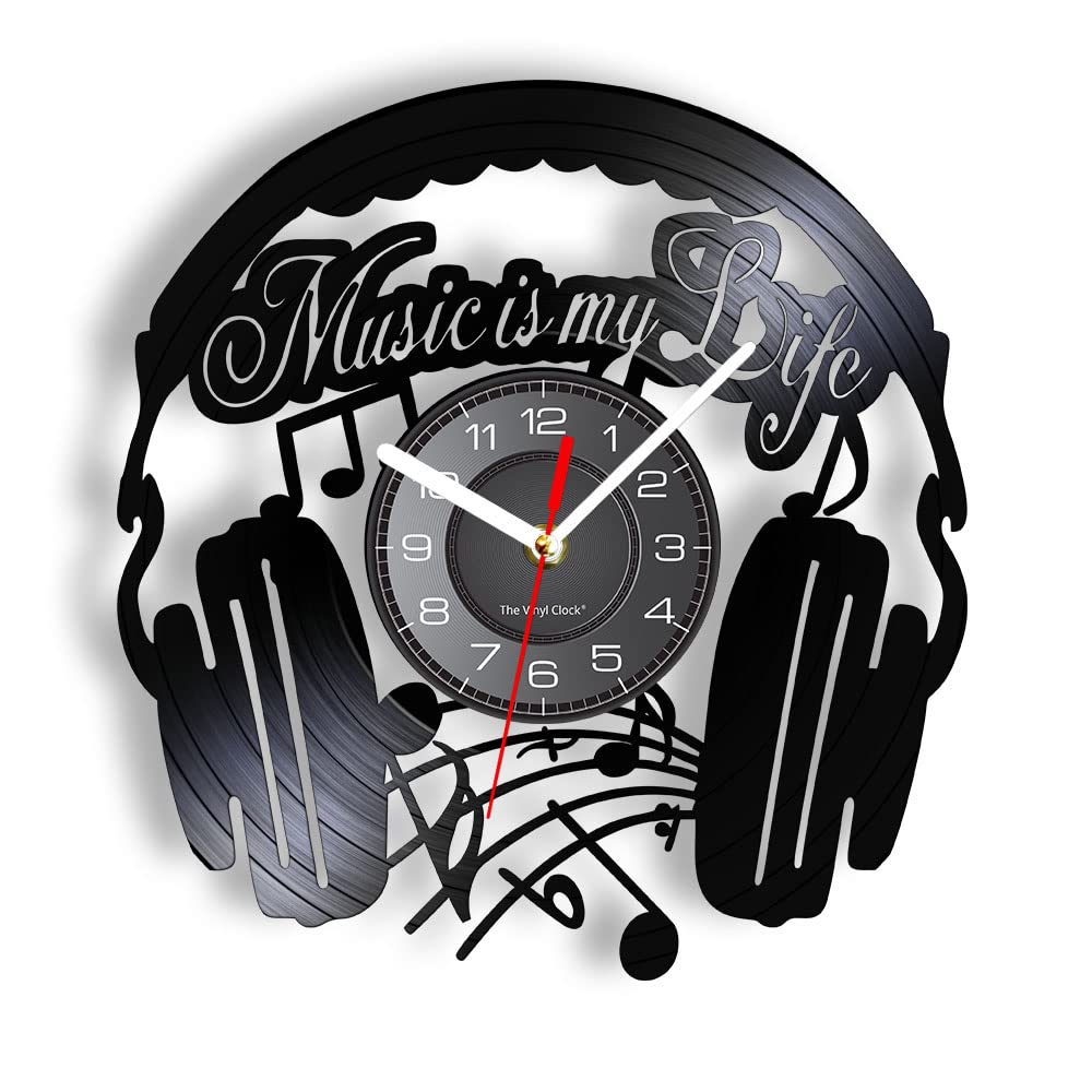 Smotly Black Vinyl Wall Clock, Retro Headphone Themed, A Wall Clock Gift For Friends Who Like Music.