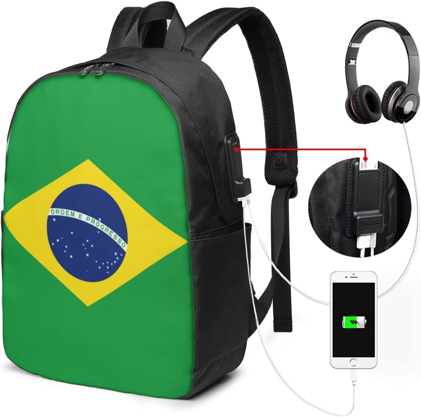 Brazilian Flag Laptop Backpack, Travel Backpack with USB Charging Port, Computer Bag for Men Women