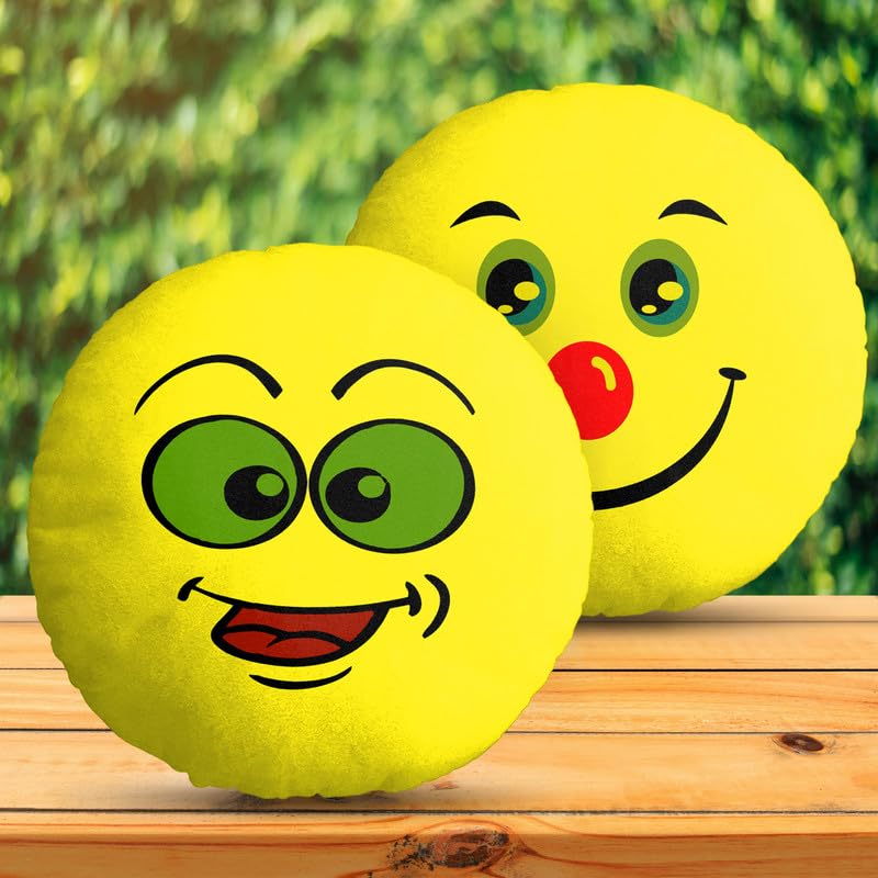 Ship Smart Velvet Soft Plush Smiley Cushion Emoji Pillow Gift for Friends, Boyfriend, Girlfriend, BFF Gifts, 30 X 30 Cm – Set of 2, Yellow Design2