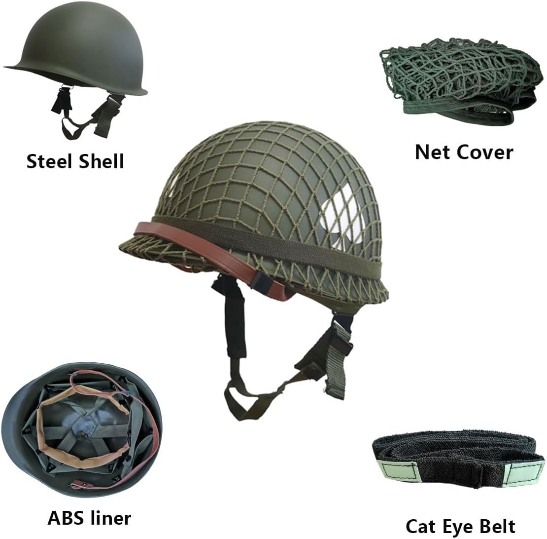 WWII US Army M1 Steel Helmet Replica - WW2 Gear with Canvas Chin Strap, Mesh Cover, Cat Eye Band & DIY Stickers