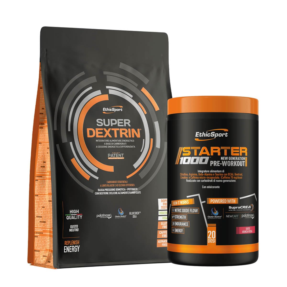 EthicSport Bundle Pre-Workout & Endurance | Starter 1000 supporta la performance + Super Dextrin ciclodestrine e maltodestrine | Energia continua dalla preparazione allo sforzo | Doping Free Tested