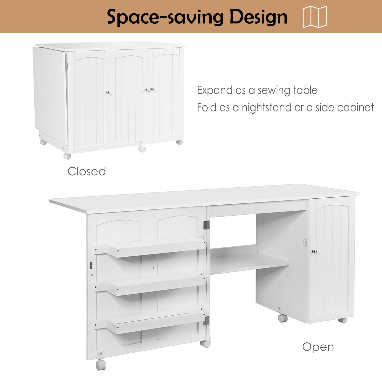 LIFEZEAL 3 in 1 Nähmaschinenschrank, Klappbarer Nähtisch auf 6 Rollen, Mobiler Nähschrank mit Ablage & 3 Regale, Computertisch für Zuhause&Büro, 158,5 x 50 x 74 cm (Weiß)