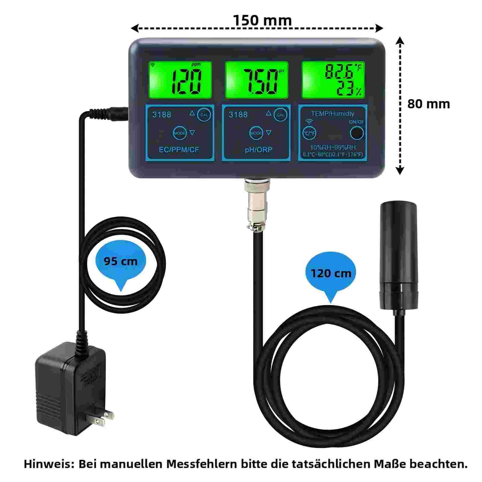 7 in1 Wasserqualität Tester, Tuya WiFi Multifunktionaler Wassertester Digital mit WLAN für Aquarium Pool Labor pH ORP EC PPM Temperatur Feuchtigkeitsmessung