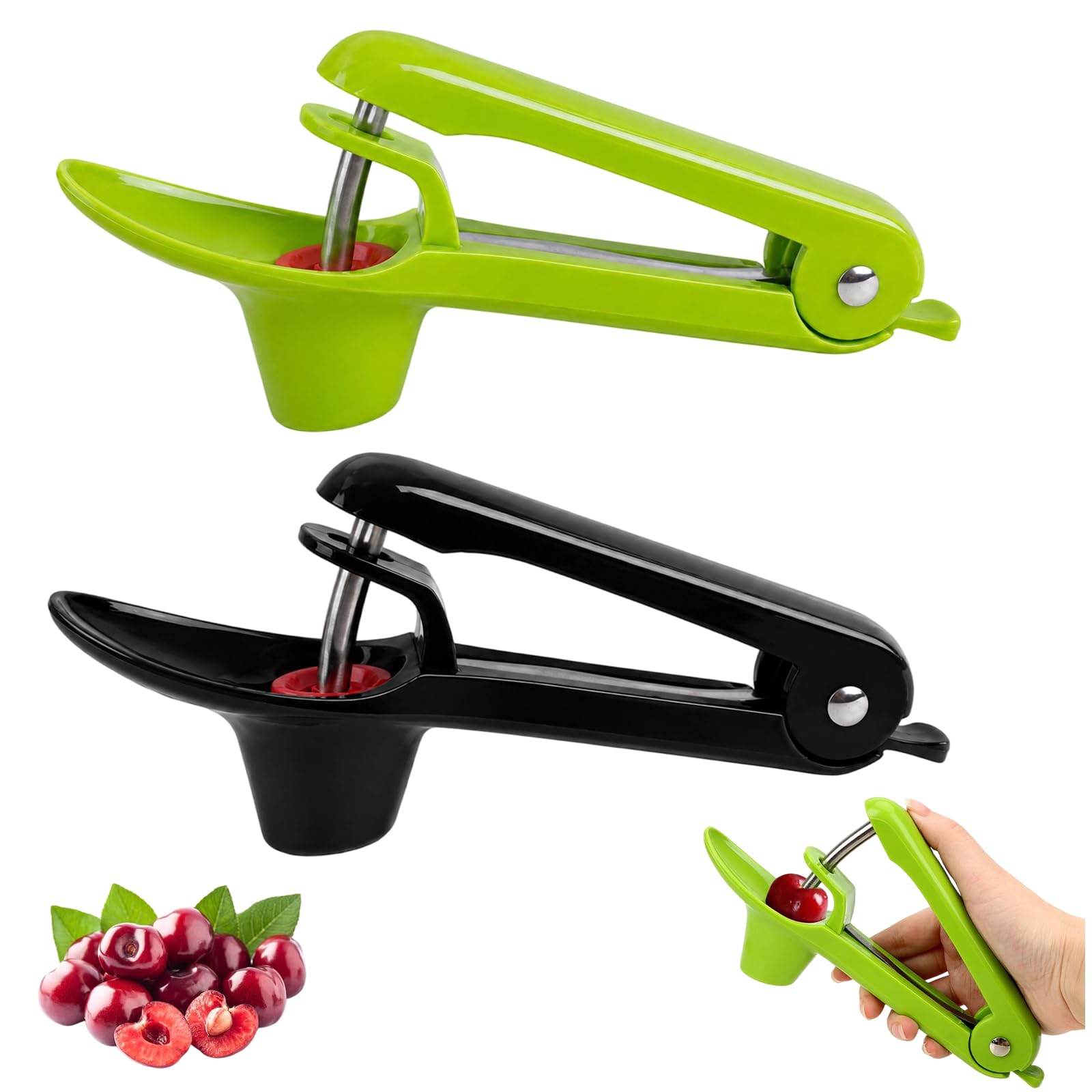 2pcs Cherry Pitter and Olive Pitter Tool, Cherry Stoner Remove for Cherries, Olives and Dates, Manual Cherry Pip Removal Device, Portable Fruit Tool, Olive Pitter Tool (Black, Green)
