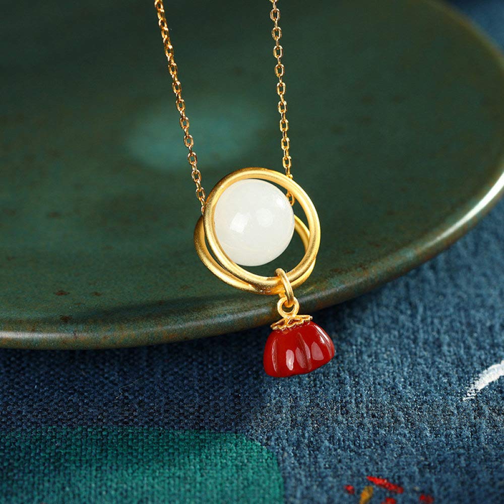 La Plata Esterlina 925 Mujeres del Collar Retro Bañado En Oro Rojo Ágata Lotus Moda Estilo Chino Simple Encanto Hombres Dar Novia Regalo