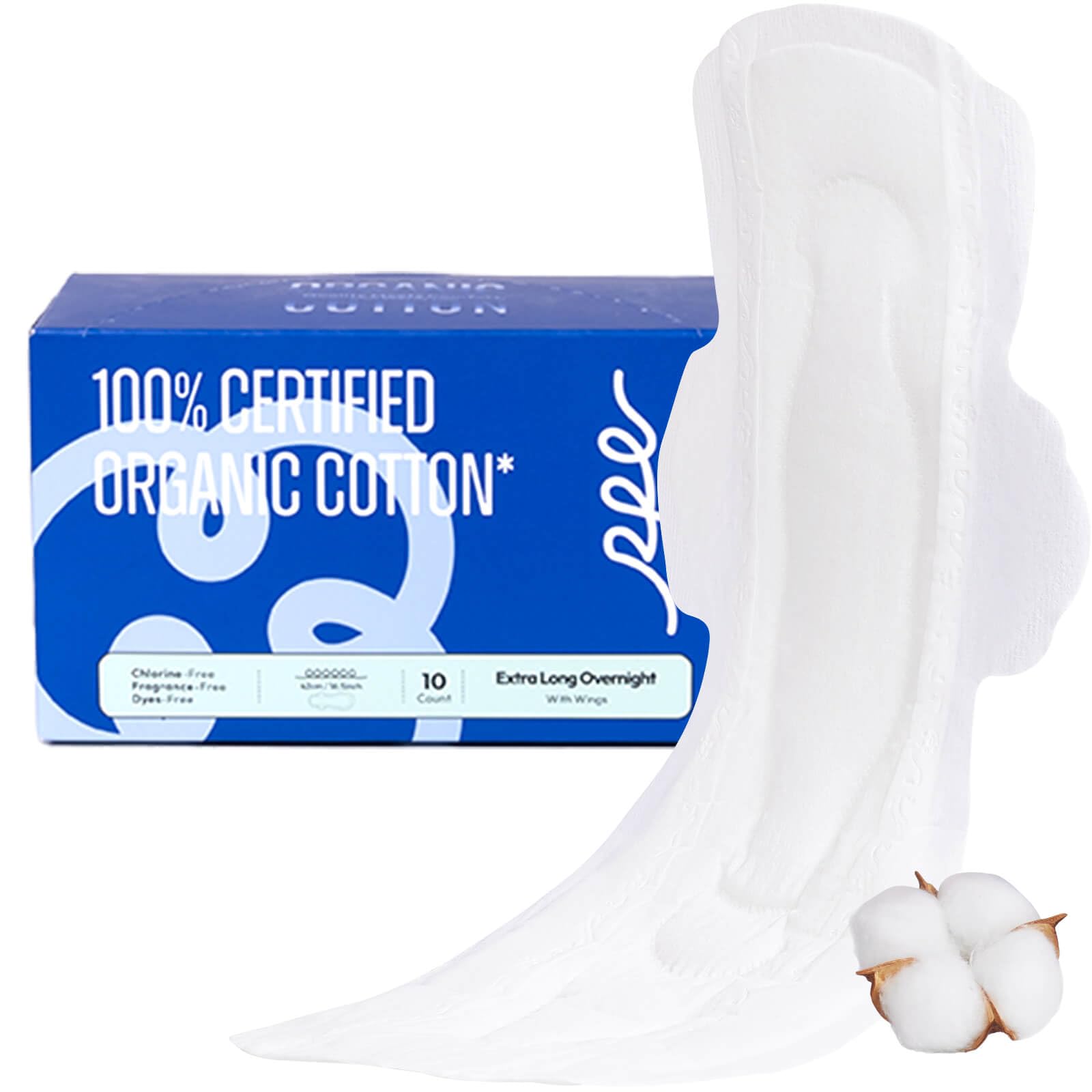 100% Organic Super Long Overnight Pads with Wings, Extra Heavy Sanitary Pads for Women Ultimate Absorbency, Ultra Thin Extra Coverage Cotton Period Menstrual Pads (Extra Long Overnight, Size 6, 10ct)