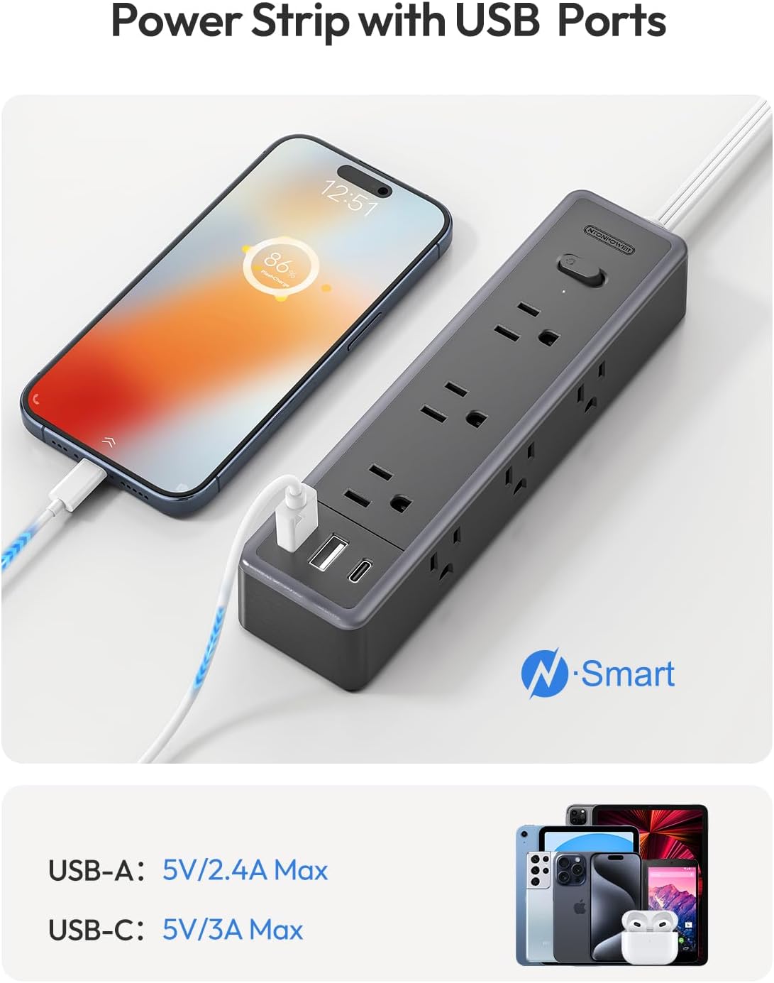 Flat Extension Cord 15 FT，Surge Protector Power Strip with 9 Widely Outlets and 3 USB Ports (1 USB-C), Flat Extension Cord with Multiple Outlets, 1080 Joule, Wall Mount, for Home Office, Dorm,Black
