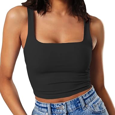 Buy Artfish Women's Sleeveless Strappy Tank Square Neck Double Layer  Workout Fitness Casual Basic Crop Tops, Black, X-Small at Amazon.in