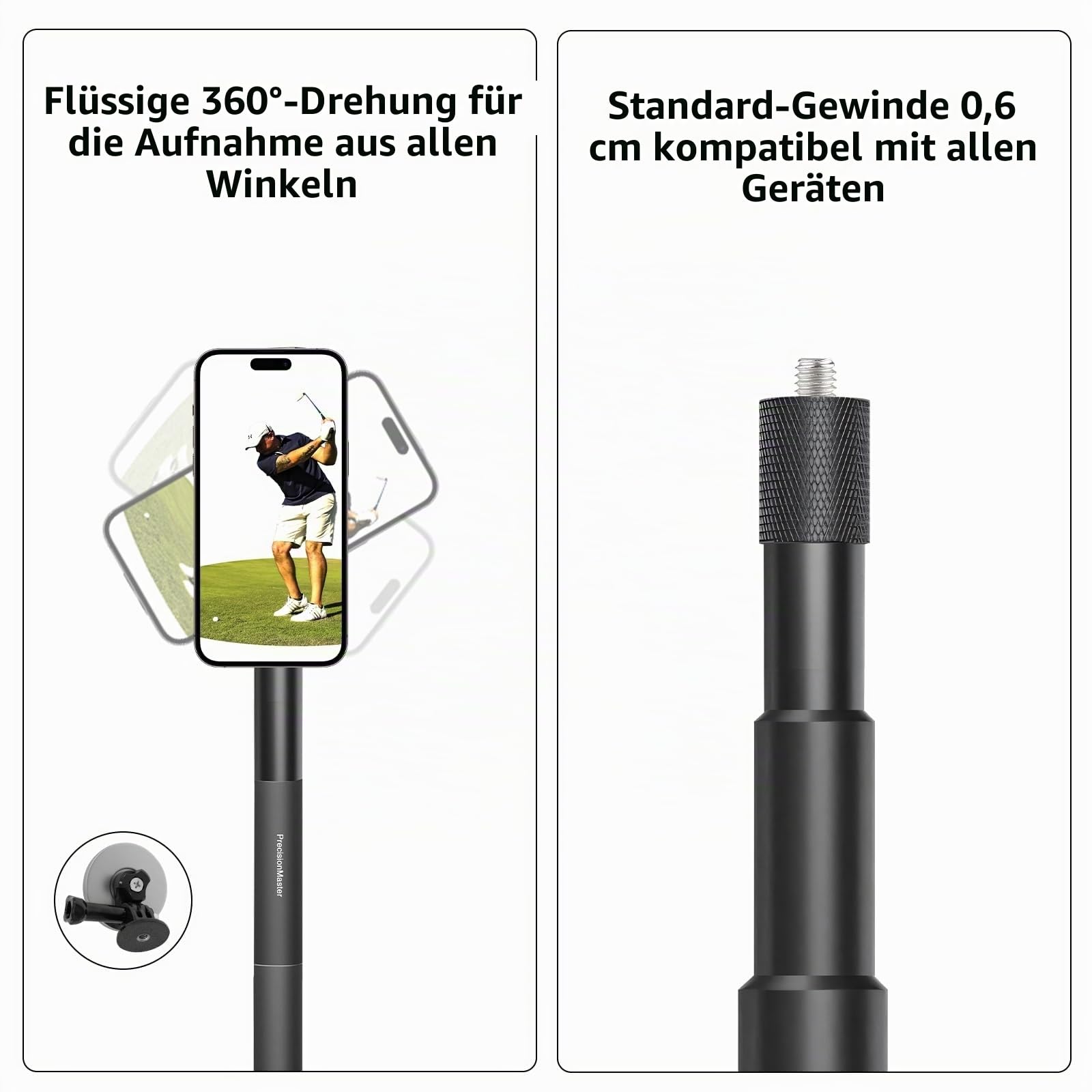 PräzisionsMeister Golf Einbeinstativ Selfie Stick, Golfschwung aufnehmen mit magnetischer Handyhalterung, Verstellbares Stativ mit Erdspieß, Kompatibel mit GoPro Insta