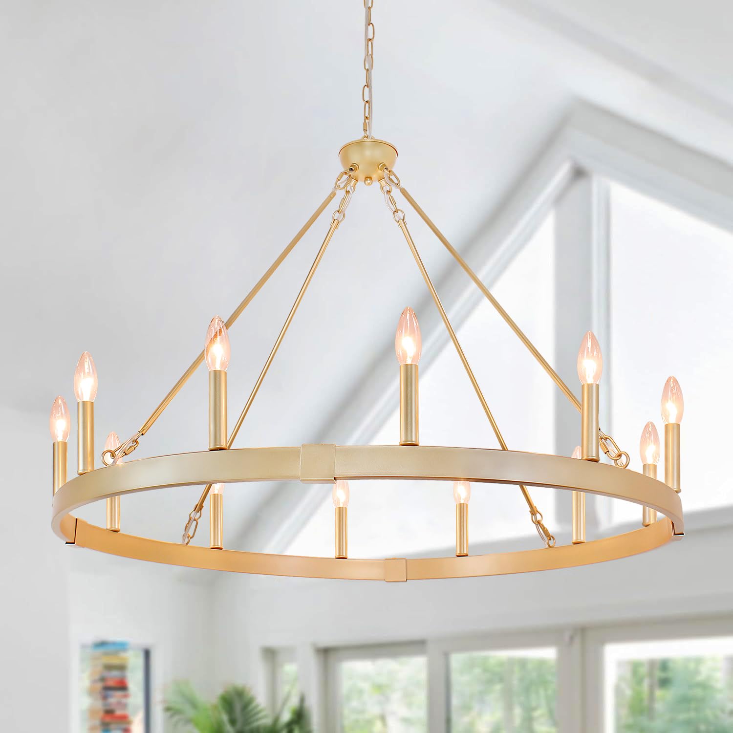 Rviezza Gold Wagon Wheel Chandelier 37.4 inch, 12-Light Large Round Industrial Gold Farmhouse Chandeliers for High Ceilings Dining Room Living Room