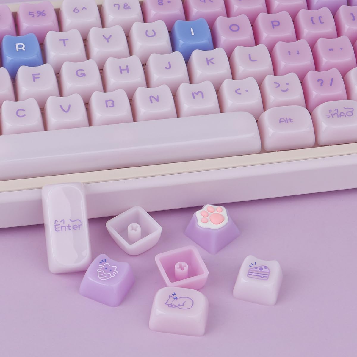 Ceramic Jade Purple Cat Keycaps, 148 Keys Translucent Creamy Jelly Cute Keycaps Mao Profile Custom Keycap for Cherry Gateron MX Swithes Mechanical Keyboards