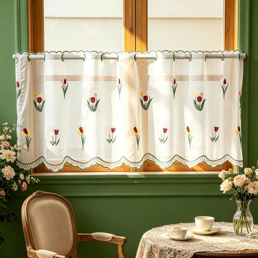 MiOYOOW Embroidered Short Curtain, Kitchen Half Curtains Floral Cafe Sheer Curtain with Rod Pocket for Windows & Cabinet Decoration