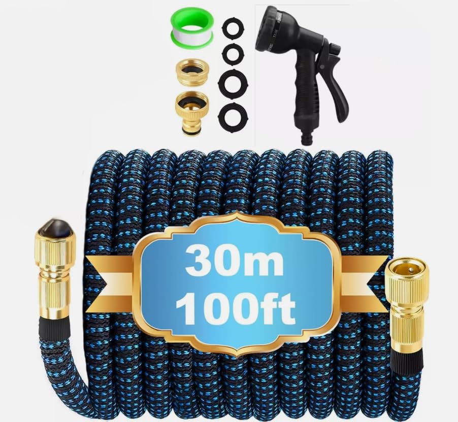100FT Expandable Garden Hose with 7-Function Spray Nozzle, Anti-Leak Brass Fittings, Lightweight Kink-Free Water Hose for Garden, Patio, Car Wash. (Blue/Black)