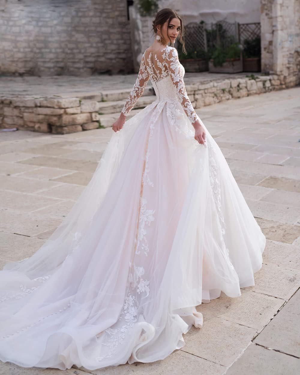 Spitzenapplikationen Brautkleider A-Linie Standesamt Lange Ärmel Brautkleid Hochzeitskleid Für Die Braut Mit Zug