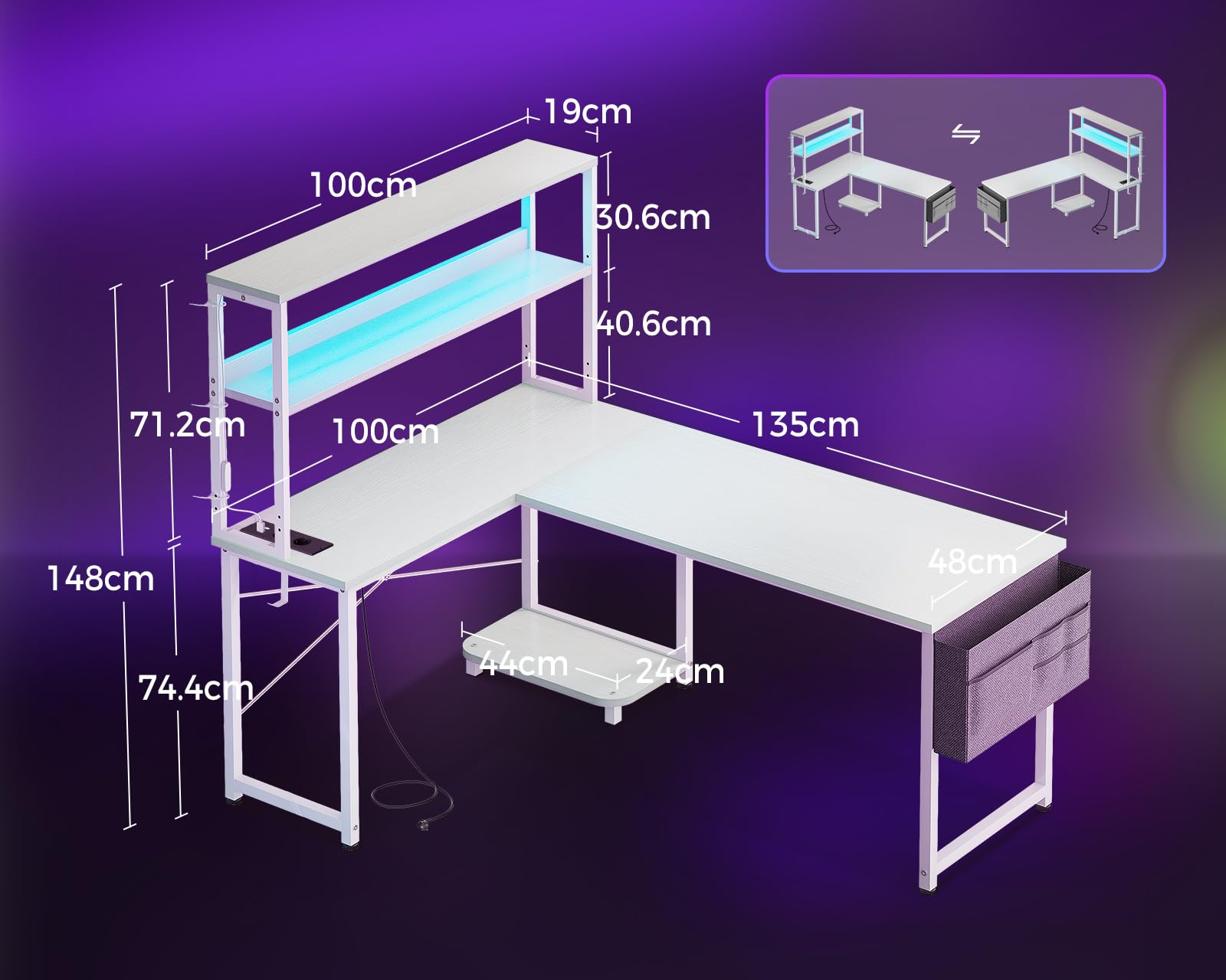 Coleshome Scrivania Gaming con LED e Prese, 135 × 100 cm Scrivania Gaming Angolare Reversibile con Scaffali Portaoggetti, Scrivania Angolare con Borsa Portaoggetti per Giocatori, Bianco