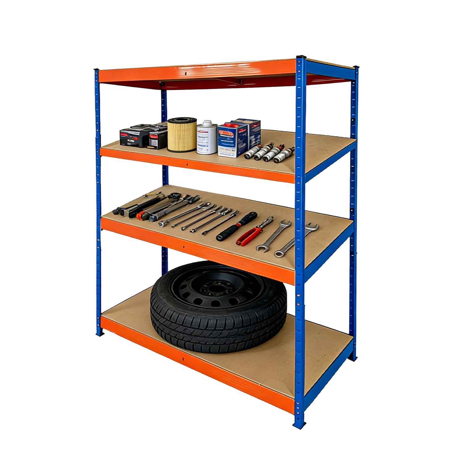 4-Tier Industrial Shelving Unit for Garage & Warehouse – Boltless Heavy-Duty Steel Storage Rack with Adjustable MDF Shelves, Tool-Free Assembly, 400kg/Shelf Load Capacity (Blue+Orange, 150X60X180)