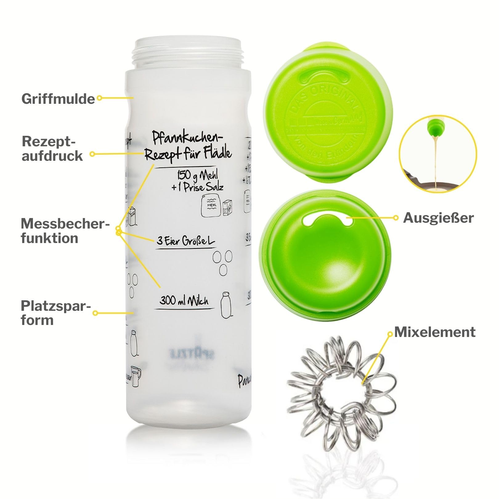 FOOD-SHAKER-SET mit 875ml-Pfannkuchen-Shaker + 4-Portionen-Spätzle-Shaker Teigmixer mit Spätzlepresse und Portionierer Patentiert Made in Germany in der Farbe GRUEN
