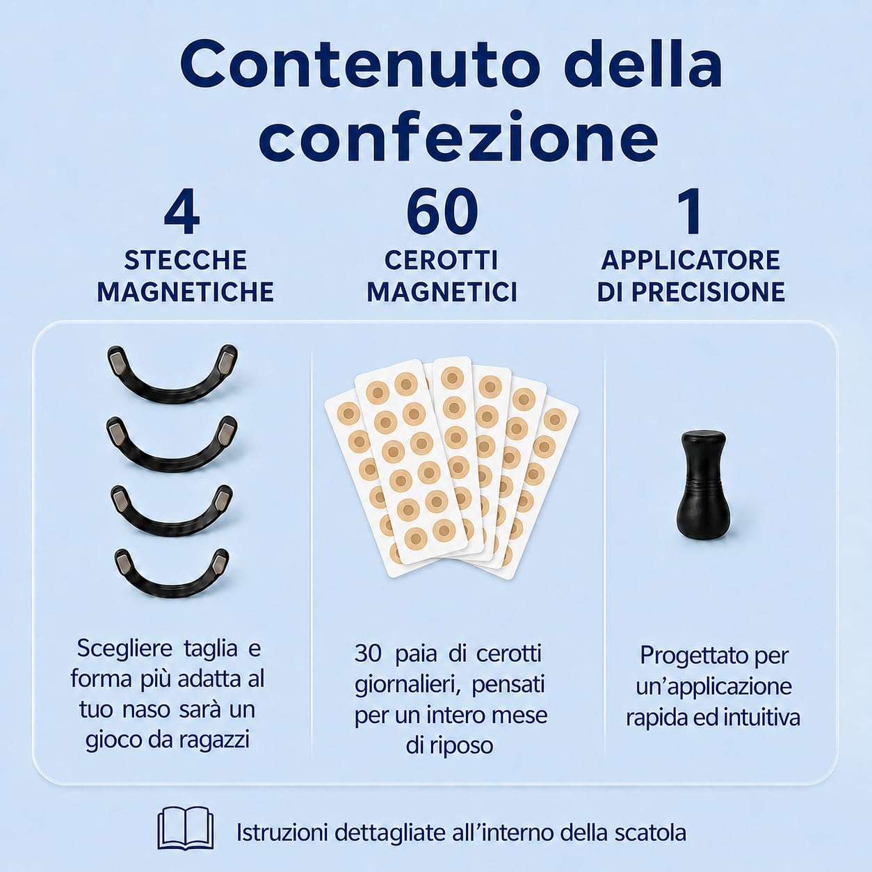 Dilatatore Nasale Magnetico – 60 Cerotti Nasali Magnetici Antirussamento - Divaricatore Nasale con Stecche Riutilizzabili e Applicatore di Precisione – Comfort, Respirazione Libera e Sonno Profondo