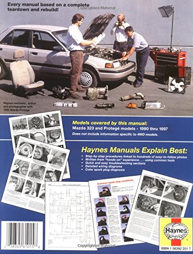 Back cover of the Mazda 323 & Protege 1990-1997 Automotive Repair Manual, showing examples of internal pages with step-by-step photos, wiring diagrams, and spark plug diagnosis charts.