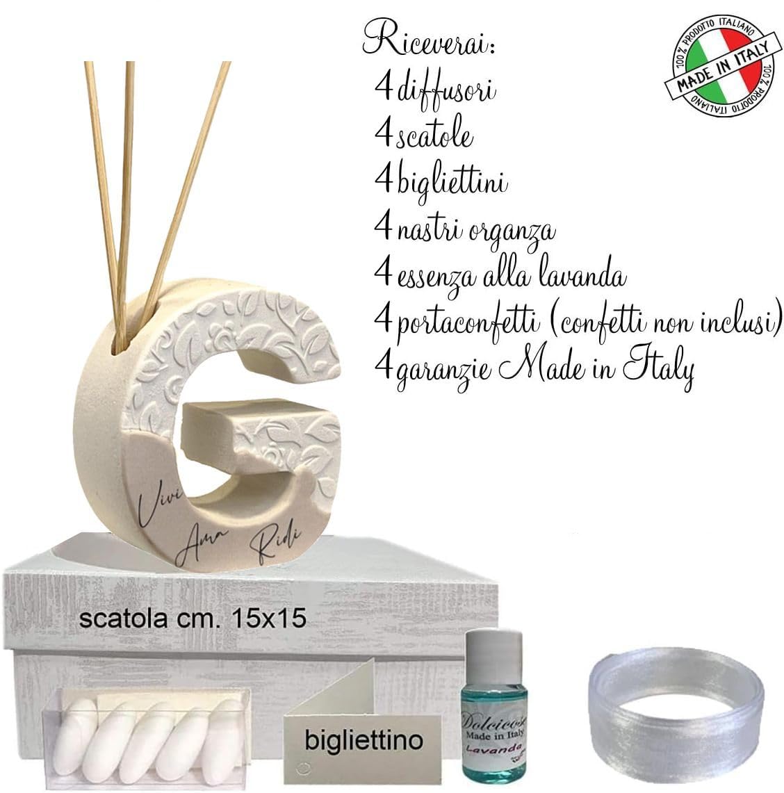 Regalami.Shop Bomboniere a Forma di Lettera in Marmo di Carrara – Set Completo con Scatola, Nastro, Bigliettino e Portaconfetti – Perfette per Matrimonio, Battesimo e Comunione (4, g)