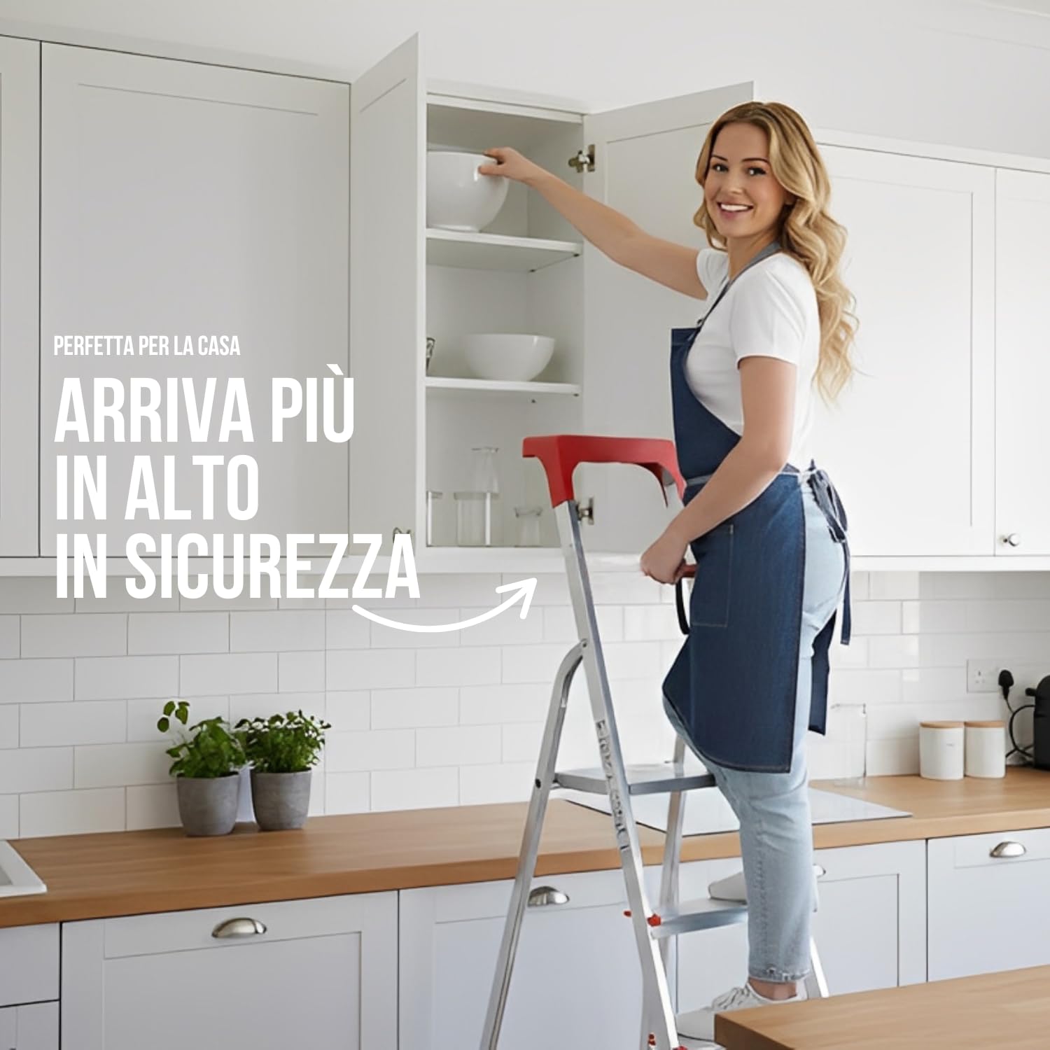Marvin Scala Domestica in Alluminio Martina 8 Gradini Leggera Portatile Scaletto con Vaschetta Portaoggetti Pieghevole Robusta Salvaspazio portata 150 kg made in Italy certificata (8 Gradini)