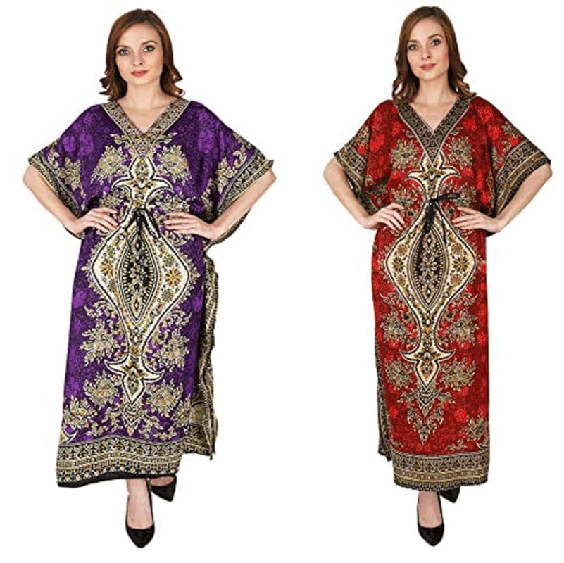 ukal Combo Pack of 2 Women's Kaftan Dress Beach Cover Up Ladies Kaftan Nightwear Reyon Kaftan Night Gown Robe V-Neck Cover Up-picture-27