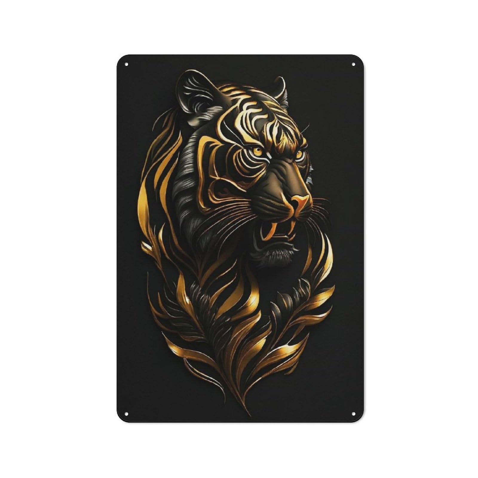 Junmoney Tiger Floral Gold Black Metal Plaque 30X20cm With For Hallway Wall, Retro Decor, For Themed Interiors In Hallways And Entrance Areas