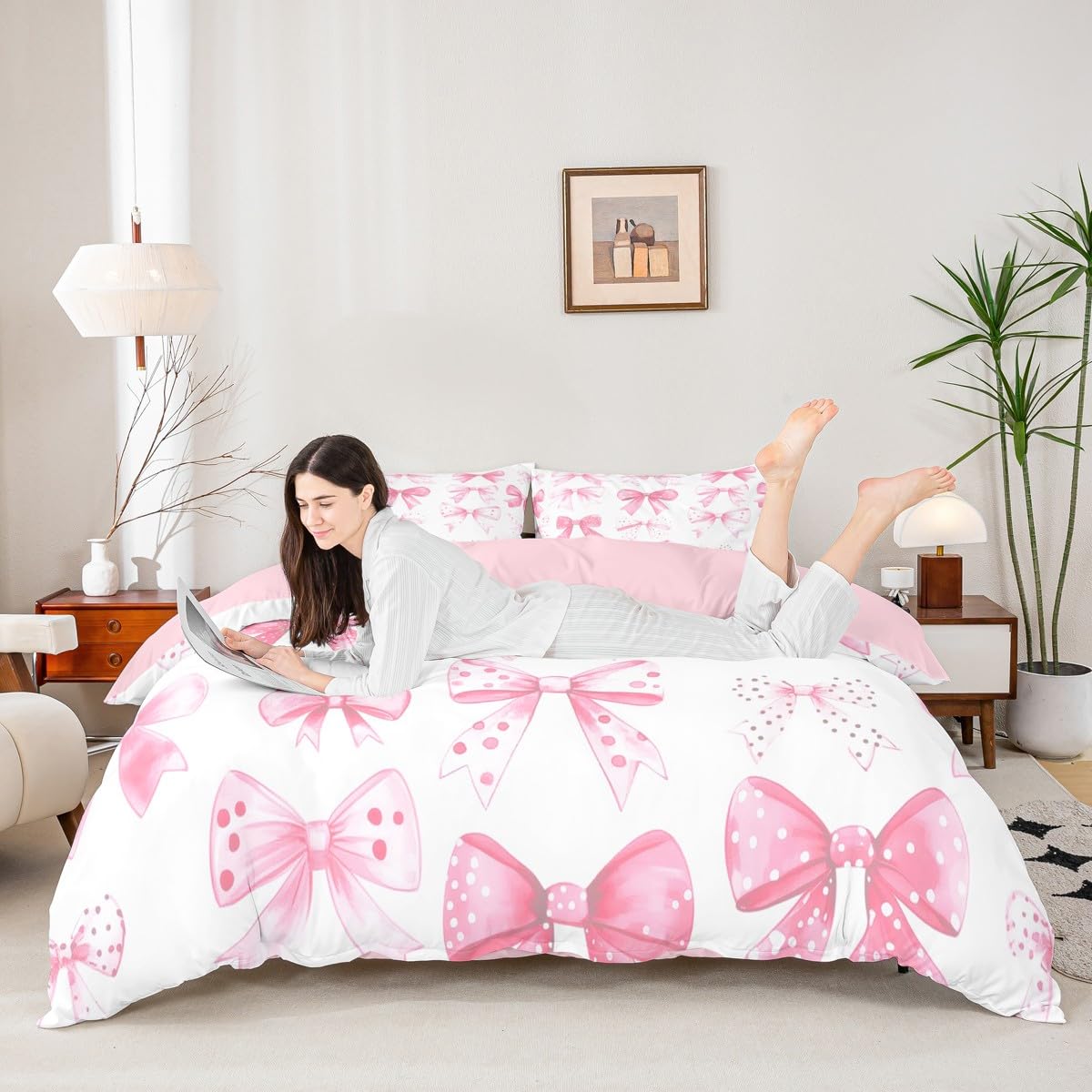 Homewish Pink Ribbon Bow Duvet Cover Princess Girls Bedding Sets, Watercolor Ribbon Bowknot Bed Cover Dreamy Coquette Bed Set King - Image 3