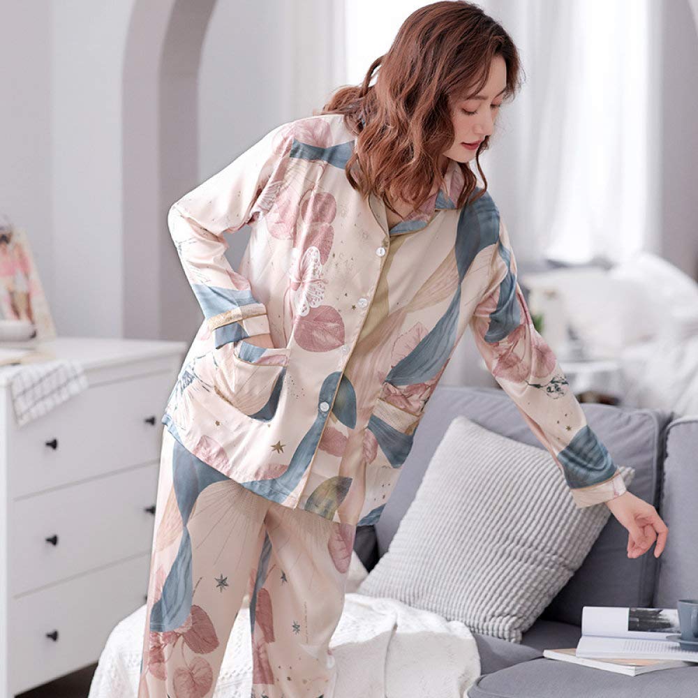 Zestaw piżam satynowych dla kobiet, zestaw nocny z satyny jedwabnej dla kobiet, koszula z długim rękawem zapinana na guziki i spodnie z kieszeniami, damska jesienna moda,Pink-XXL